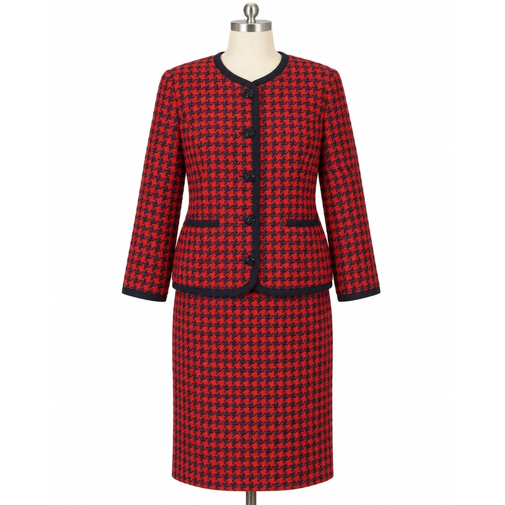 Vintage 80s Alfred Dunner Petite Wool Houndstooth Skirt Suit Red Navy 10P 12